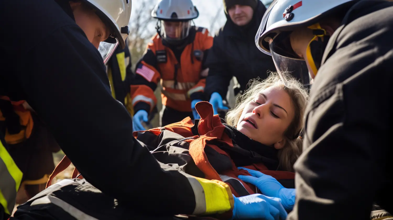 Ein Team von Rettungssanitätern, die bei einem Massenunfall von Verletzten Hilfe leisten